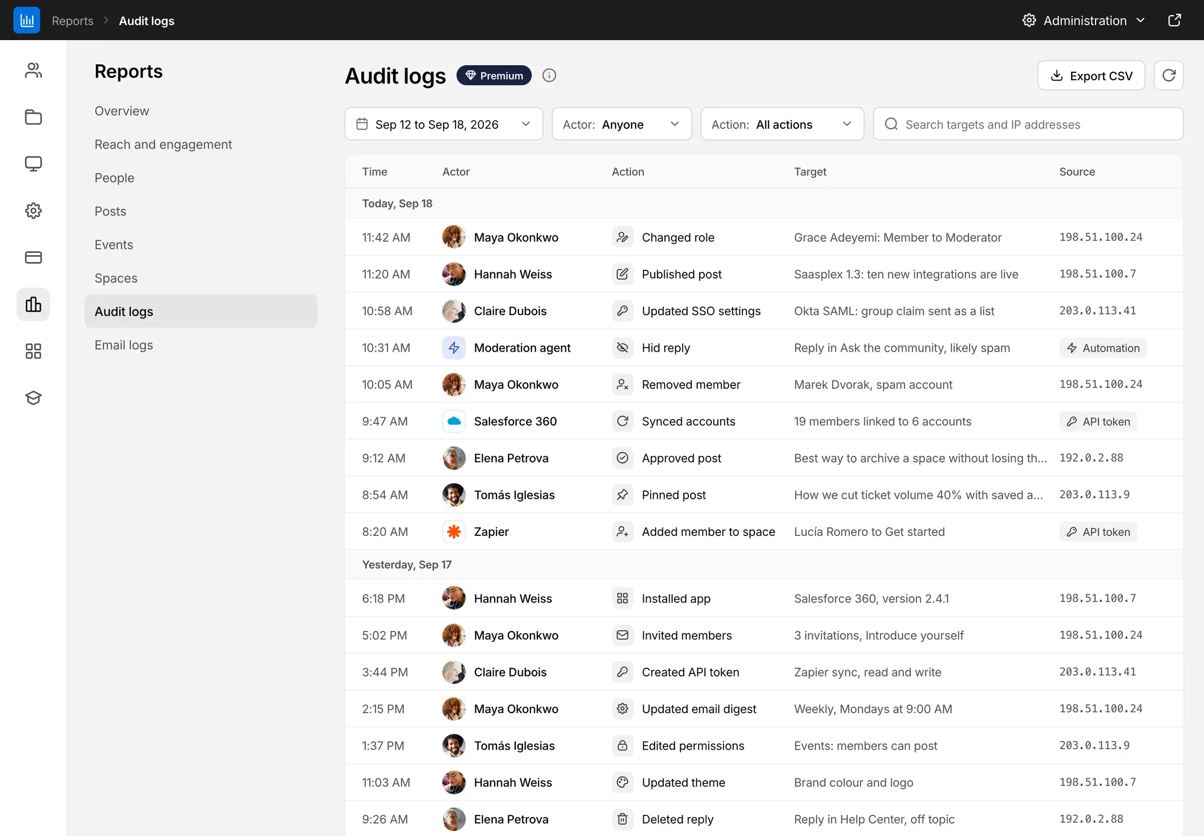 Bettermode administration, Audit logs report: who changed roles, SSO settings, posts and members, with time, action, target and source IP