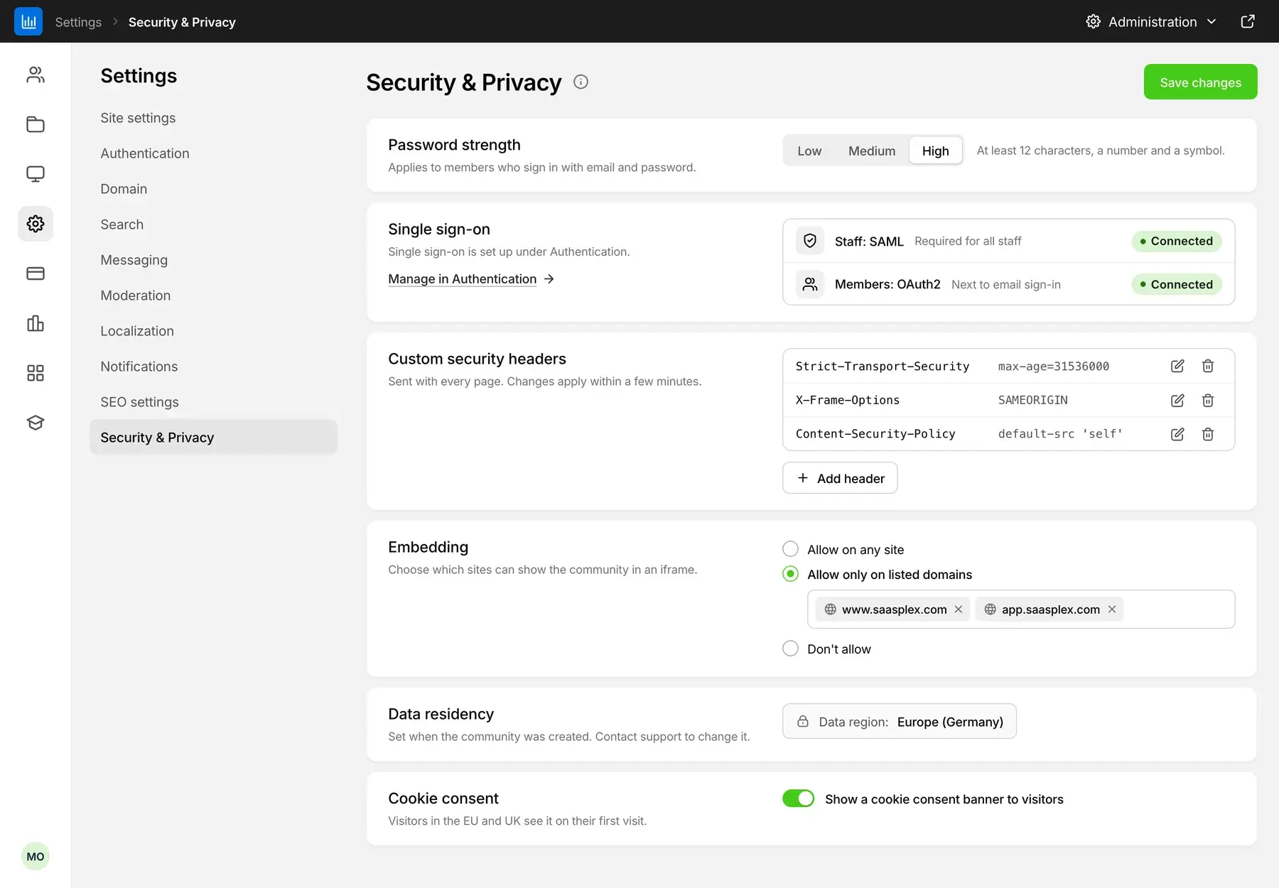 Bettermode administration, Security and Privacy settings: password strength, single sign-on, custom security headers, embedding, data residency and cookie consent